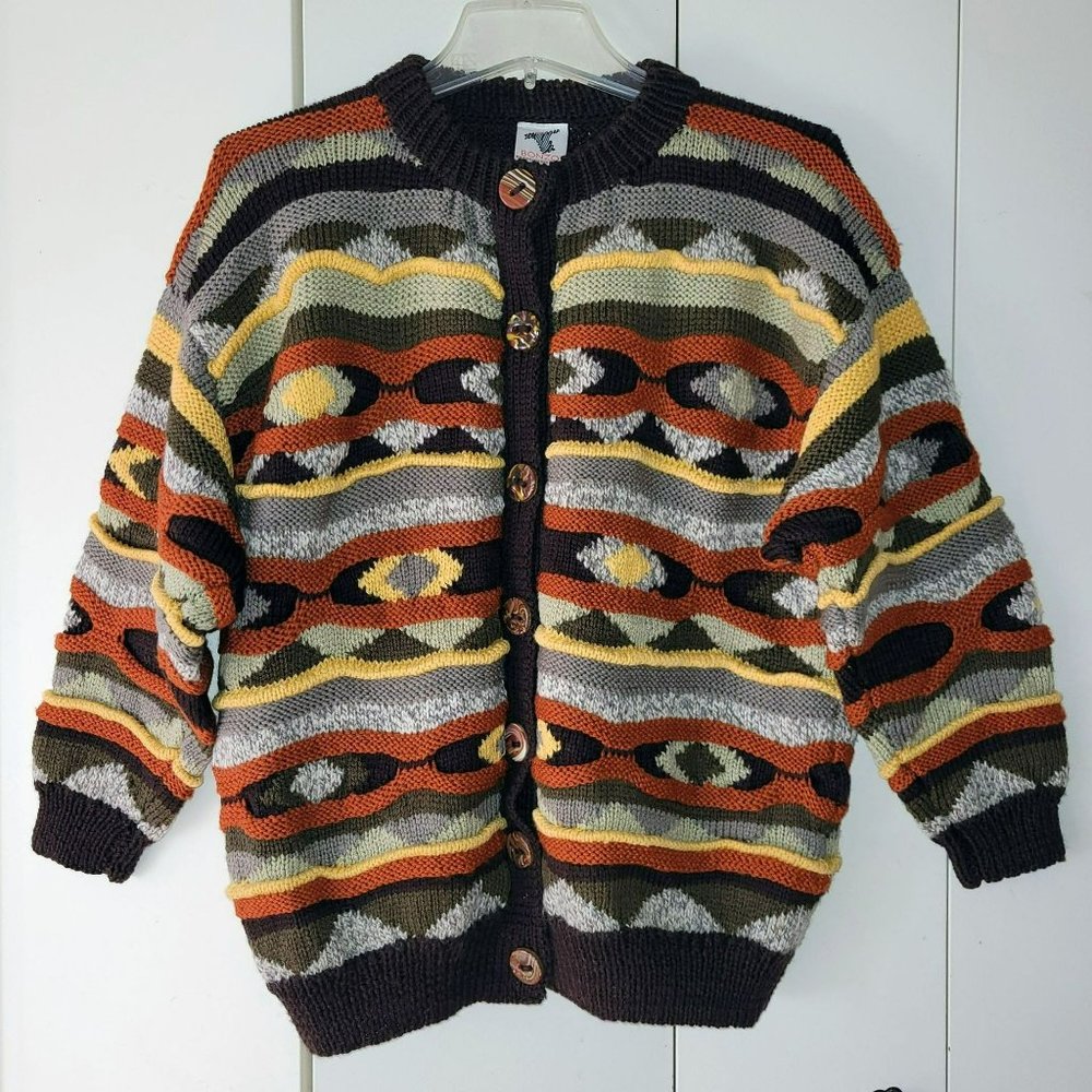 Chunky Multicolor Geometric Button-Up Cardigan Sweater